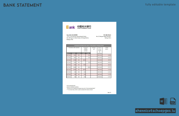 Beispiel für einen Kontoauszug der China Everbright Bank (Excel-Vorschau)